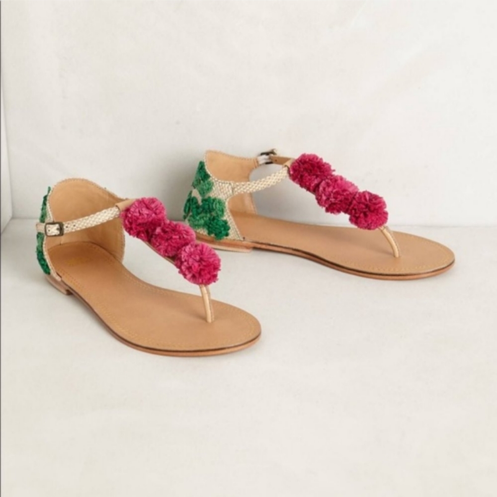 ANTHROPOLOGIE / JASPER & JEERA Pink & Green Paper Pompom Sandals Size 39 / Sz 9